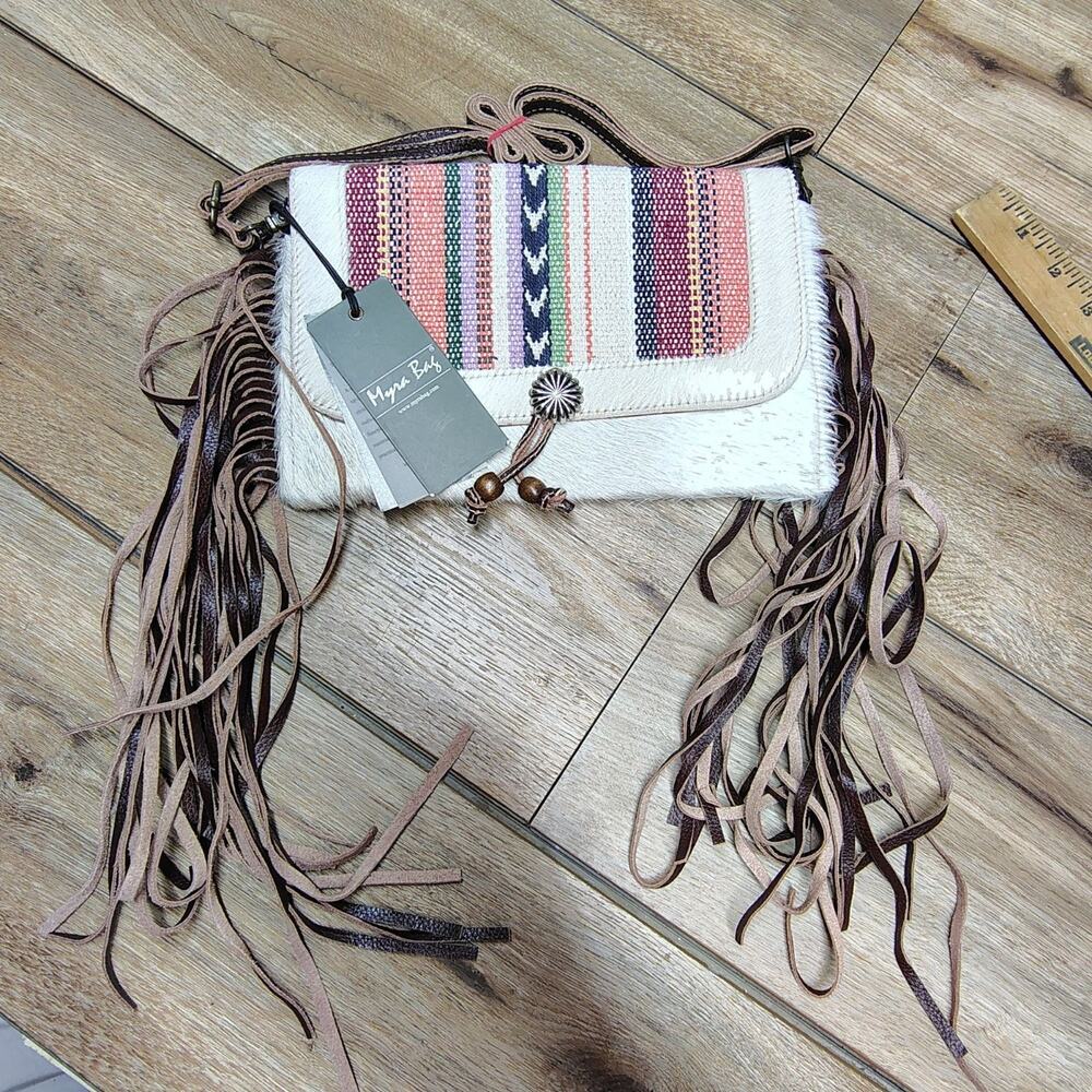 Myra Bag Delicate Hues Leather Hairon Crossbody Fringe Purse Boho Southwest - Picture 10 of 16